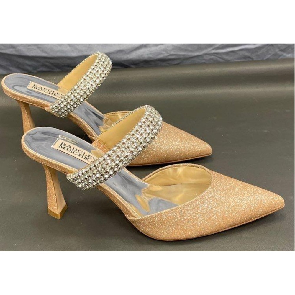 Badgley Mischka Rose Gold Glitter Pointed Toe Mules Heels Shoes Size‎ 8 - Picture 5 of 12